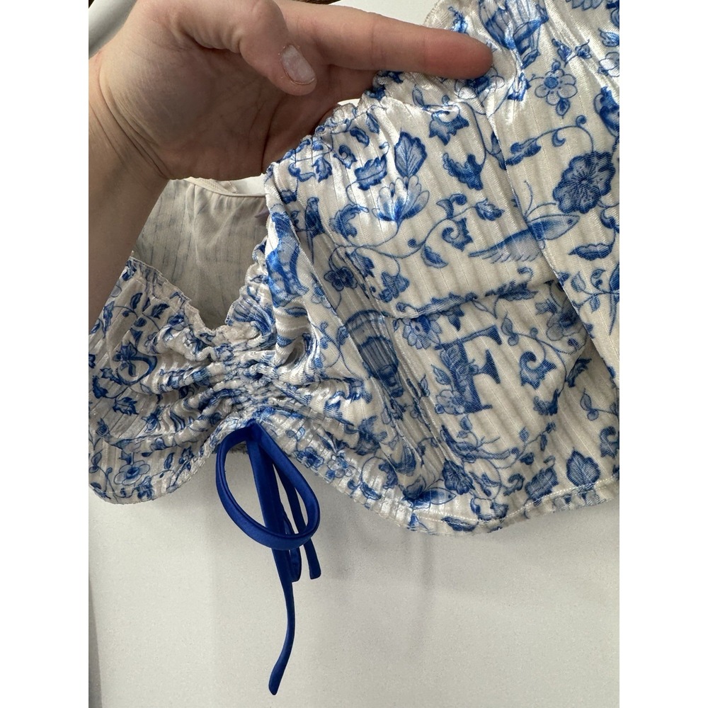 Coquette Blue Toile Ruched Drawstring Crop Top Milkmaid Corset Long sleeve - Picture 8 of 9